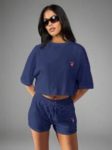 Missguided x Playboy 抽绳泡泡字母图案高腰休闲慢跑短裤节日春夏运动休闲街头风女士短裤 - 藏蓝色 - 查看 3