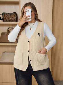 SHEIN CURVE+ Plus Size Casual Everyday Spur Embroidery Button Cardigan Sweater Vest In Fall/Winter