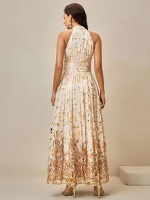 Anewsta Elegant Romantic Vintage Palace Style High-End Silk Crinkle Foil Single-Sided Placement Digital Print Ruched Waist Long Dress, Pink Apricot Color, Summer