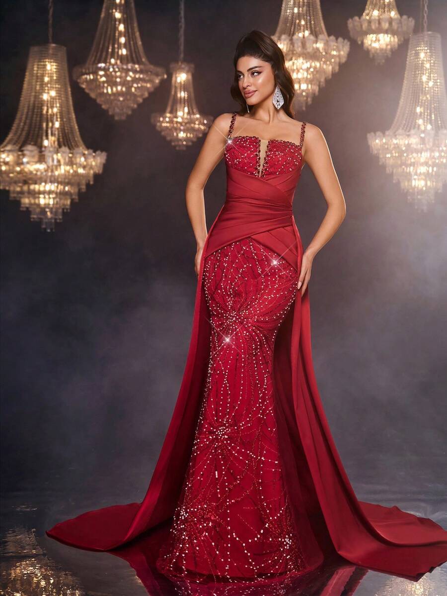 Glamrae 优雅、奢华、性感、时尚的勃艮第亮片面料深 V 领细肩带紧身胸衣长袖美人鱼喇叭礼服，带褶皱、胶骨、露背、拖尾，适合度假、婚礼、派对、舞会、正式晚装（豪华版）