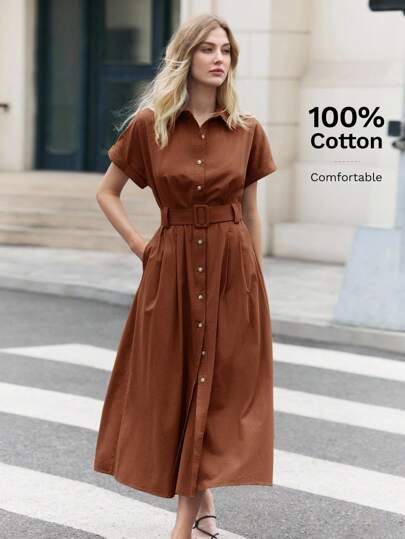 BizChic Brown Collared Button-Front Short Sleeve Dress With Adjustable Waist Belt, Versatile Elegant Urban Commuter Everyday Romantic 90s Retro Style, Suitable For Christmas, New Year, Valentine's Day, Party, Beach, Graduation, Fashion, Celebration, Holiday, Wedding Guest, Brunch, Airport, Multi-Occasion