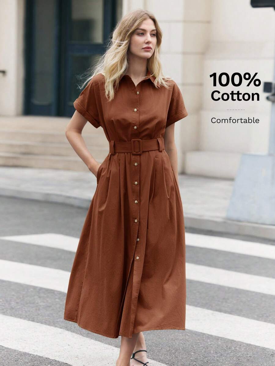 BizChic Vestido de largo medio, cuello de camisa, apertura frontal, botones de un solo pecho, cinturón de cintura ajustable de la misma tela, manga corta, elegante minimalista casual, vacaciones, fiesta, cita, invitada a boda, Día de la Independencia, temporada de graduación, festival de música, estilizante, versátil, de alta gama, reunión social de verano, salida - Café integral - Ver 1