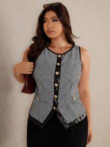 Elaquor 大码女式优雅简约都市商务休闲无袖夹克，适合春秋季 - 黑與白 - 查看 4