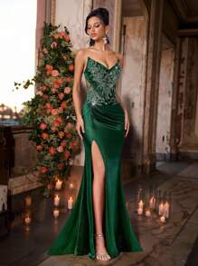 Glamrae Elegant Luxury Embroidered Lace Sequin Applique Mesh Splice Elastic Satin Ruched Mermaid Skirt, Sexy High Split Mermaid Skirt With Train, Suitable For Weddings, Parties, Galas, Formal Events (Heavy Duty) - Dark Green - View 5
