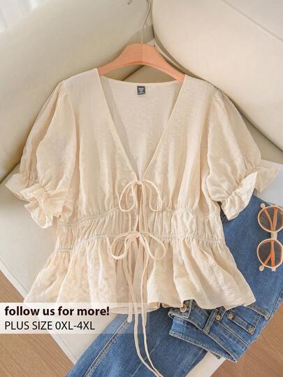 CosyJoli 大码女式纯色简约系腰短袖衬衫