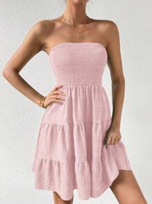 Chiquease Women's Summer Beach Vacation Minimalist Solid Color Textured Fabric Tiered Hem Strapless Short Dress