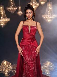 Glamrae 优雅、奢华、性感、时尚的勃艮第亮片面料深 V 领细肩带紧身胸衣长袖美人鱼喇叭礼服，带褶皱、胶骨、露背、拖尾，适合度假、婚礼、派对、舞会、正式晚装（豪华版） - 紅色 - 查看 7