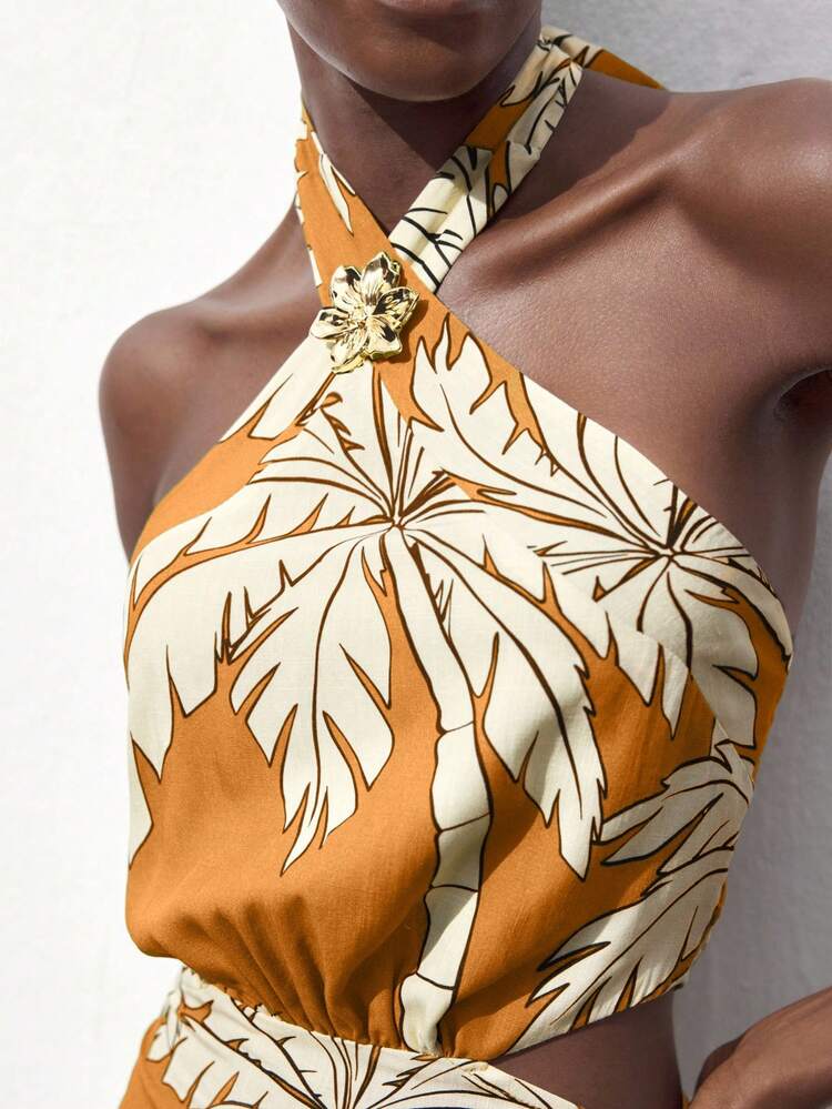 SHEIN Maija 2025年秋冬新作 女性カジュアル ミニマリスト トロピカル雨林 ヤシの木プリント クロスネック ストラップ メタルディテール ウエストカットアウト ドレス、エレガントでロマンチック、アーバン、職場、通勤、ビジネス、結婚式の来賓、パーティー、コンサート、ブランチ、空港、デイリーファッション、ハロウィン、クリスマスに適しています