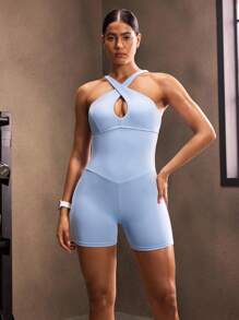 Powerista 女式侧条纹交叉挂脖运动连体衣 - 藍色 - 查看 3