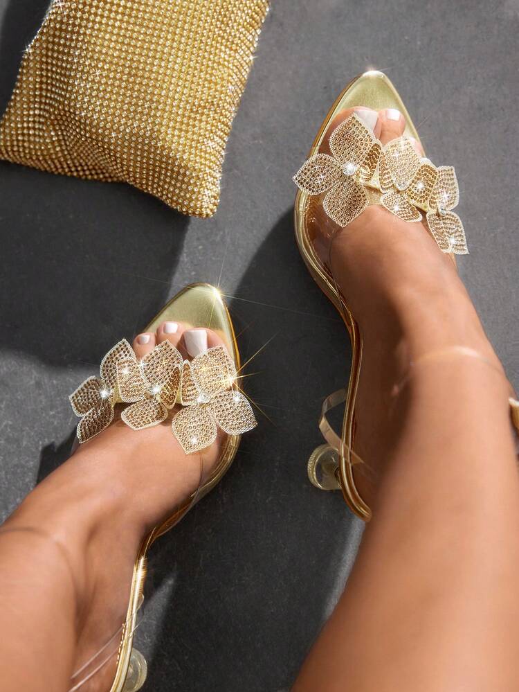 CUCCOO SZL Women Gold Pointy Toe PVC Open Toe Ankle Strap Rhinestone Floral Transparent Stilettos Slip On Sandals For Christmas Spring Shoes Prom Heels