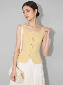 Teen Girls Elegant Casual Commuting Daily Slim Fit Sleeveless Light Yellow Jacket, Spring & Autumn