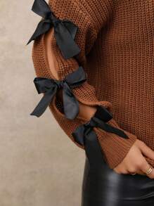 Elenzga 大码女式纯色针织圆领蝴蝶结镂空长袖休闲简约套头毛衣，适合秋冬季穿着