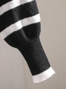 Tween Girl Classic Black & White Striped High Waist Metal Button All-Match Versatile Cardigan, Autumn/Winter - Black - View 3