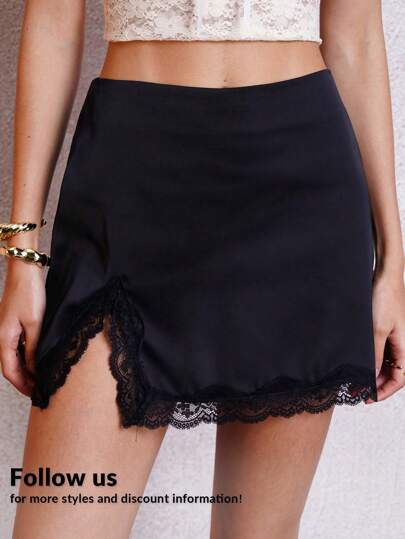 Lavishia Black Satin Contrast Lace Trim Slit Sexy & Elegant Fitted Women's Skirt Summer Outfits For Women Sexy Skirt For Women Summer Outfits For Women