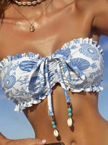 Swim Vcay 2 pezzi set da bagno da donna con stampe di vita marina e conchiglie, tessuto texturizzato, volant