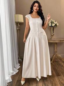 SHEIN Clasi Plus Size Women Elegant Apricot Cap Sleeve Pearl Button Long Dress - Apricot - View 7
