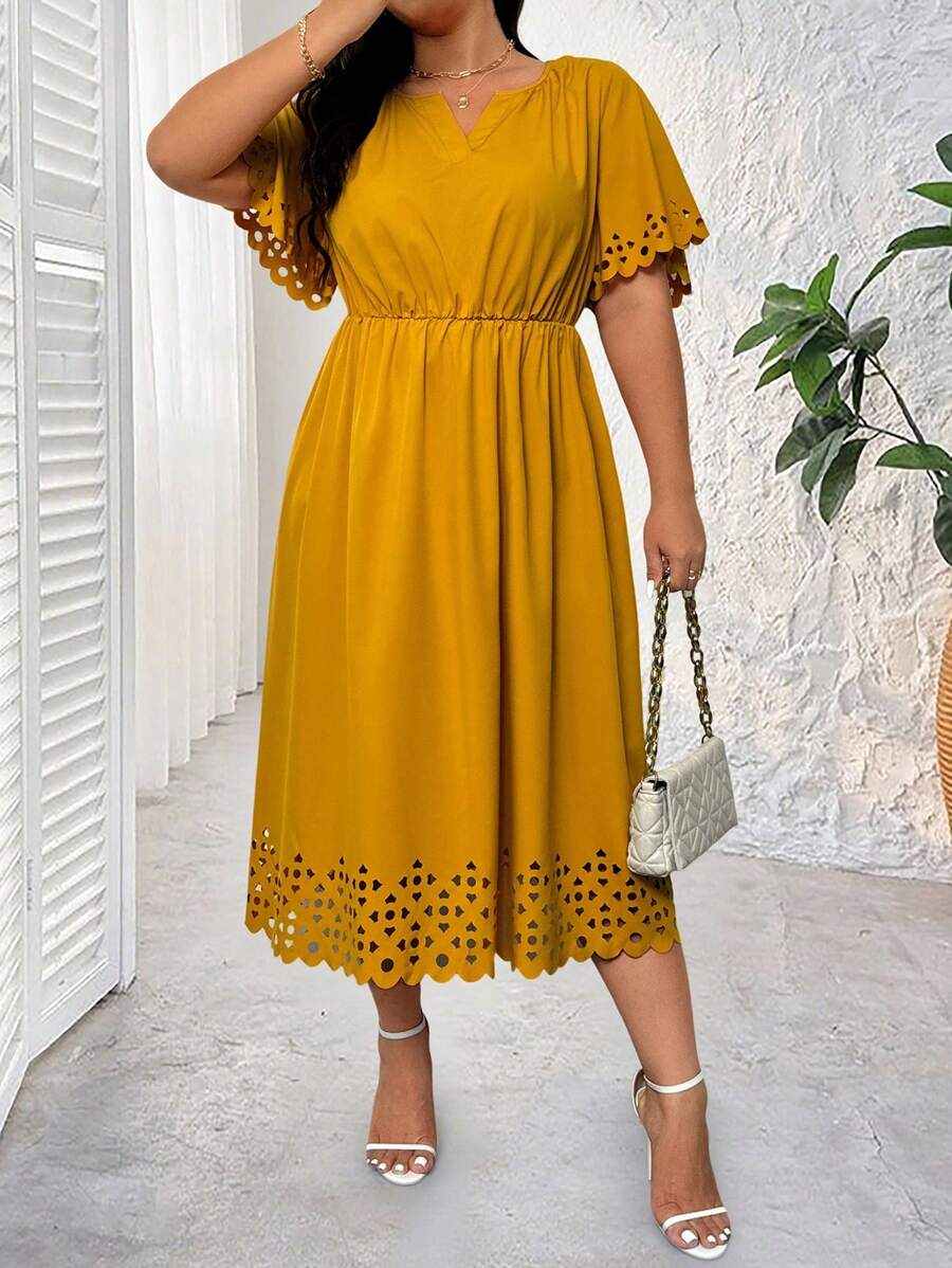 EMERY ROSE Váy chữ A tay ngắn khoét rỗng cỡ lớn thường ngày, màu trơn, mùa hè - Màu vàng - Xem 1