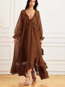 Aveloria Rosie Váy dài tay voan xếp nếp thanh lịch, viền xếp nếp nhiều lớp, phong cách Châu Âu tinh tế, váy xòe bồng bềnh như công chúa, váy chiffon thoải mái, phong cách nữ thần bãi biển - màu nâu - Xem 6