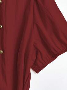 Linhara 女式纯色梭织三扣泡泡袖系带衬衫，收腰，短袖，夏季 - 酒紅色 - 查看 4
