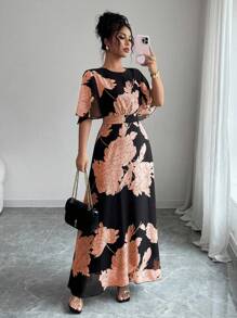 Modelyn Vestido maxi de chifón con volantes, manga acampanada, cuello redondo, ajustado y fluido para mujer, elegante para primavera/verano