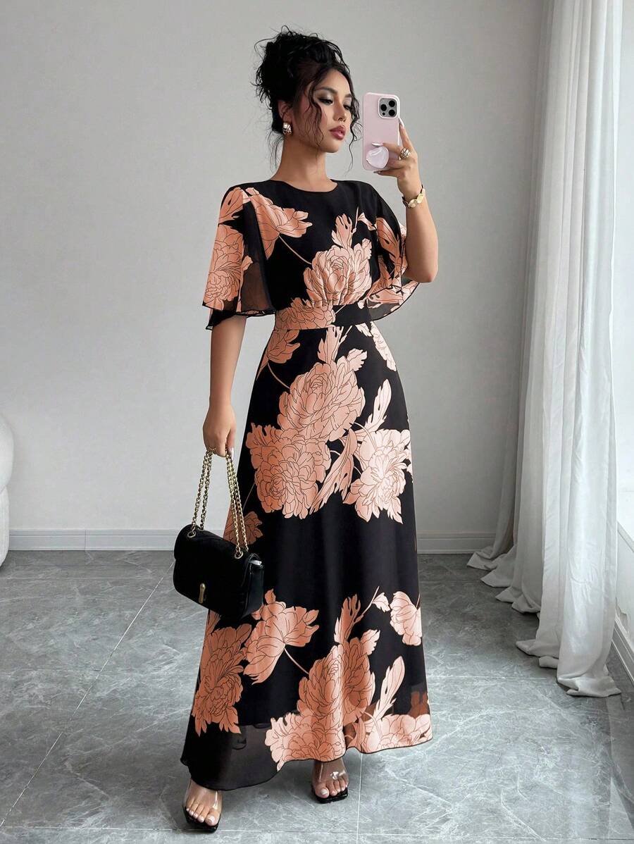 Modelyn Vestido maxi de chifón con volantes, manga acampanada, cuello redondo, ajustado y fluido para mujer, elegante para primavera/verano