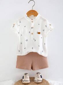 Cozy Pixies 2pcs/Set Toddler Boy Cartoon Coconut Tree Pattern Stand Collar Short Sleeve Snap Front Top And Solid Elastic Waist Shorts Set