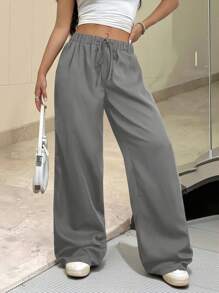 SHEIN EZwear Plus Size Women's Solid Color Self-Tie Waist Straight Leg Casual Pants