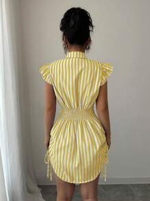 Selianne Váy sơ mi tay lỡ thắt eo kẻ sọc thanh lịch cho kỳ nghỉ - Màu vàng - Xem 2