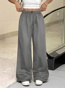 SHEIN EZwear Plus Size Women's Solid Color Self-Tie Waist Straight Leg Casual Pants