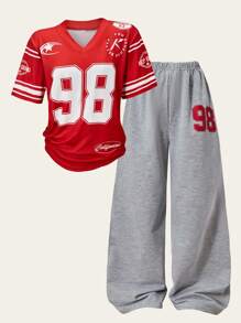 2 件套青少年女孩休闲数字印花 V 领短袖上衣和阔腿长裤套装，街头服饰