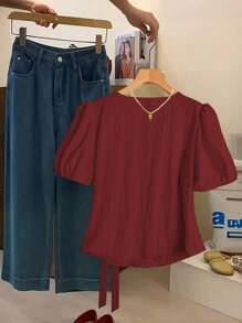 Linhara 女式纯色梭织三扣泡泡袖系带衬衫，收腰，短袖，夏季 - 酒紅色 - 查看 2