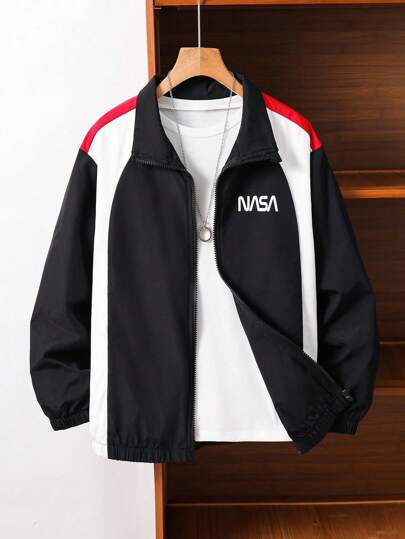 SHEIN Tween Boys' Casual Everyday Versatile Comfy Letter Print Color Blocked Sleeve Stand Collar Front Open Thin Lightweight Jacket Suitable For Birthday Parties, Evening Parties, Performances, Weddings, Baptisms, Opening Ceremonies Daily Suitable For Daily Use Suitable For School Suitable For Travel Suitable For Sports Suitable For Autumn And Winter Back To School Teens Clothes