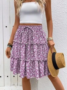 Breezaya 春夏假期碎花层叠荷叶边下摆迷你裙 - 紫色 - 查看 5