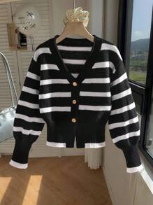 Tween Girl Classic Black & White Striped High Waist Metal Button All-Match Versatile Cardigan, Autumn/Winter - Black - View 7