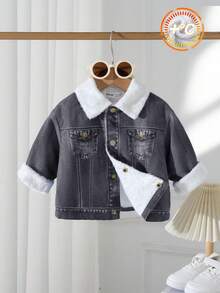 SHEIN Baby Boys Casual Cute Denim Printed Thermal Lined Long Sleeve Collared Jacket, Suitable For Outings, School, Daily Gatherings, Autumn/Winter Fall - Black and White - View 6