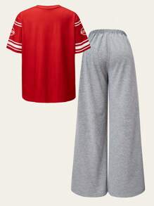 2 件套青少年女孩休闲数字印花 V 领短袖上衣和阔腿长裤套装，街头服饰