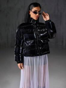 EURMUSE 闪亮连帽拉链细节绗缝女式羽绒大衣，防水短款羽绒大衣 - 黑色 - 查看 3