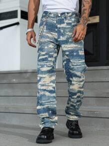 Manfinity EMRG Men's Fashion Street Style Distressed Print Slant Pocket Denim Jeans - Light Wash - View 3