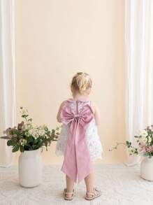 Vestido sin mangas para bebé niña con cuello de malla bordado de color liso tejido - Rosa - Ver 6
