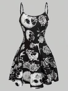 EMERY ROSE 加大码纯色长袖上衣和骷髅花卉印花吊带连衣裙两件套 - 黑色 - 查看 5