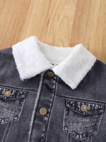 SHEIN Baby Boys Casual Cute Denim Printed Thermal Lined Long Sleeve Collared Jacket, Suitable For Outings, School, Daily Gatherings, Autumn/Winter Fall - Black and White - View 5