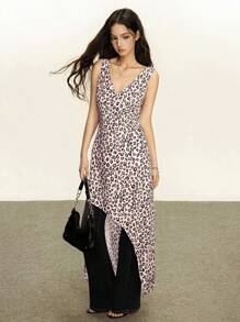 Rina Fox 女式花卉V领性感清教徒Y2K不对称下摆长裙，夏季 - 彩色 - 查看 2