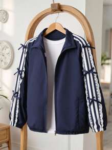 Tween Girls Fashion Sweet Side Ribbon Bow Long Sleeve Zip-Up Jacket, Suitable For Spring/Autumn Fall Winter