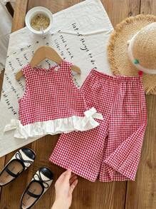 SHEIN LMoss Kids Summer Babygirl Cute Red & White Plaid Ruffle Trim Sleeveless Top And Elastic Waist Loose Wide Leg Pants Set - Red and White - View 1