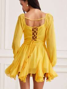 Aveloria 女式雪纺夸张不对称下摆镂空性感长袖连衣裙 - 黃色 - 查看 2