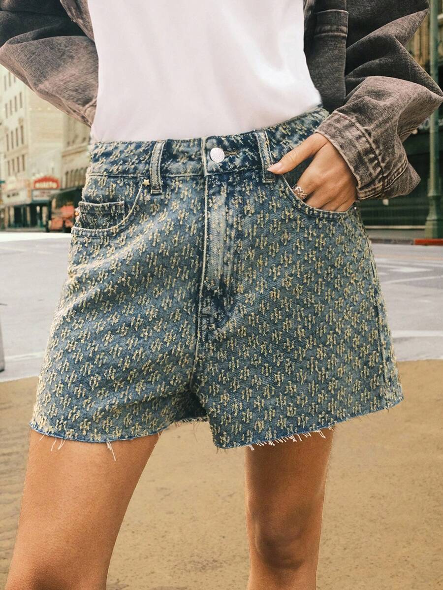 Easelle 女士休闲西部游牧复古水洗牛仔破洞短裤牛仔女装夏季 7 月 4 日破洞牛仔裤，外出，街头服饰 - 藍色 - 查看 1