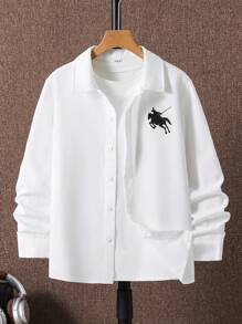 SHEIN 青少年男孩休闲日常百搭舒适印花翻领宽松长袖梭织纯色衬衫 - 白色 - 查看 3