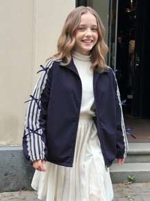 Tween Girls Fashion Sweet Side Ribbon Bow Long Sleeve Zip-Up Jacket, Suitable For Spring/Autumn Fall Winter