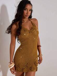 Opulessa Vestido de suéter de punto con adorno floral 3D, ajustado y con atar en el cuello para mujer