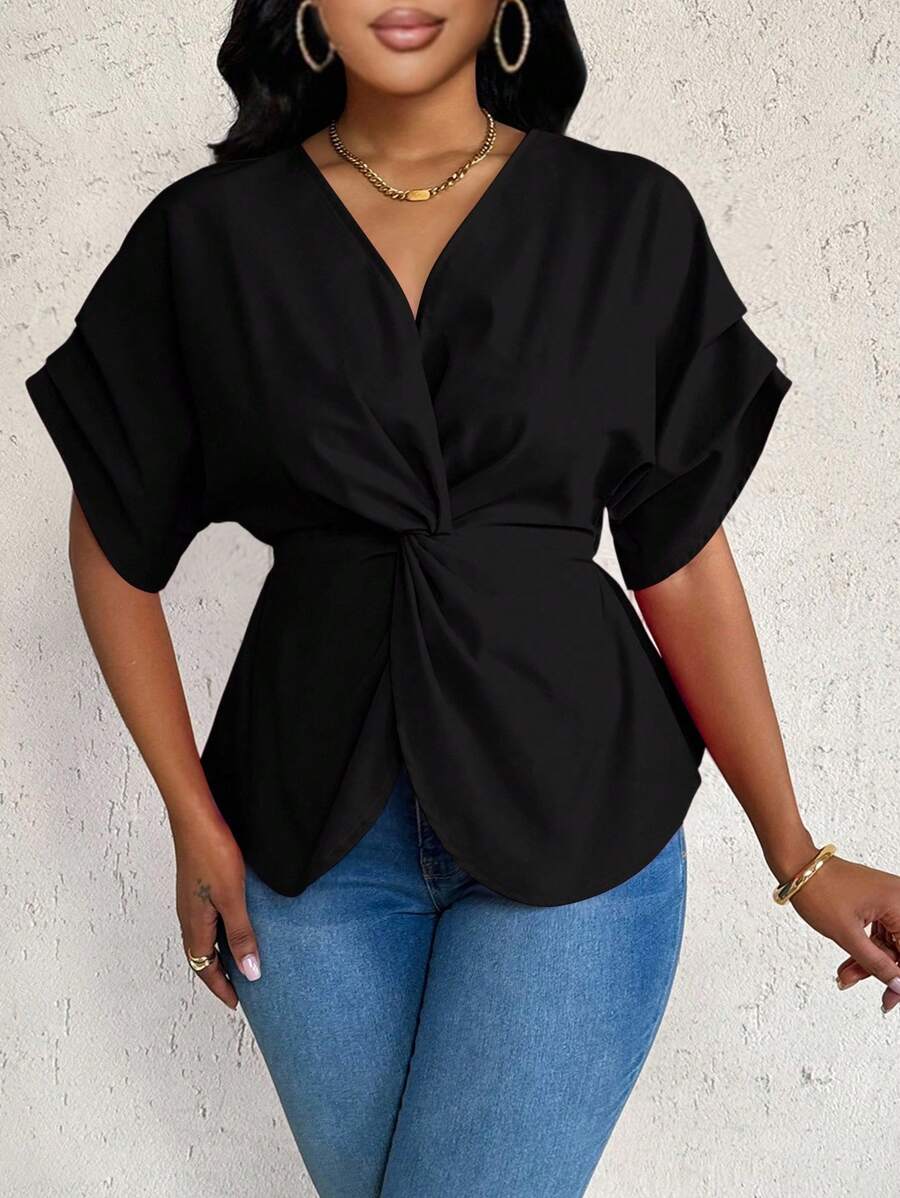 Eryvara Asymmetrical V-Neck Loose Women Blouse - Black - View 1